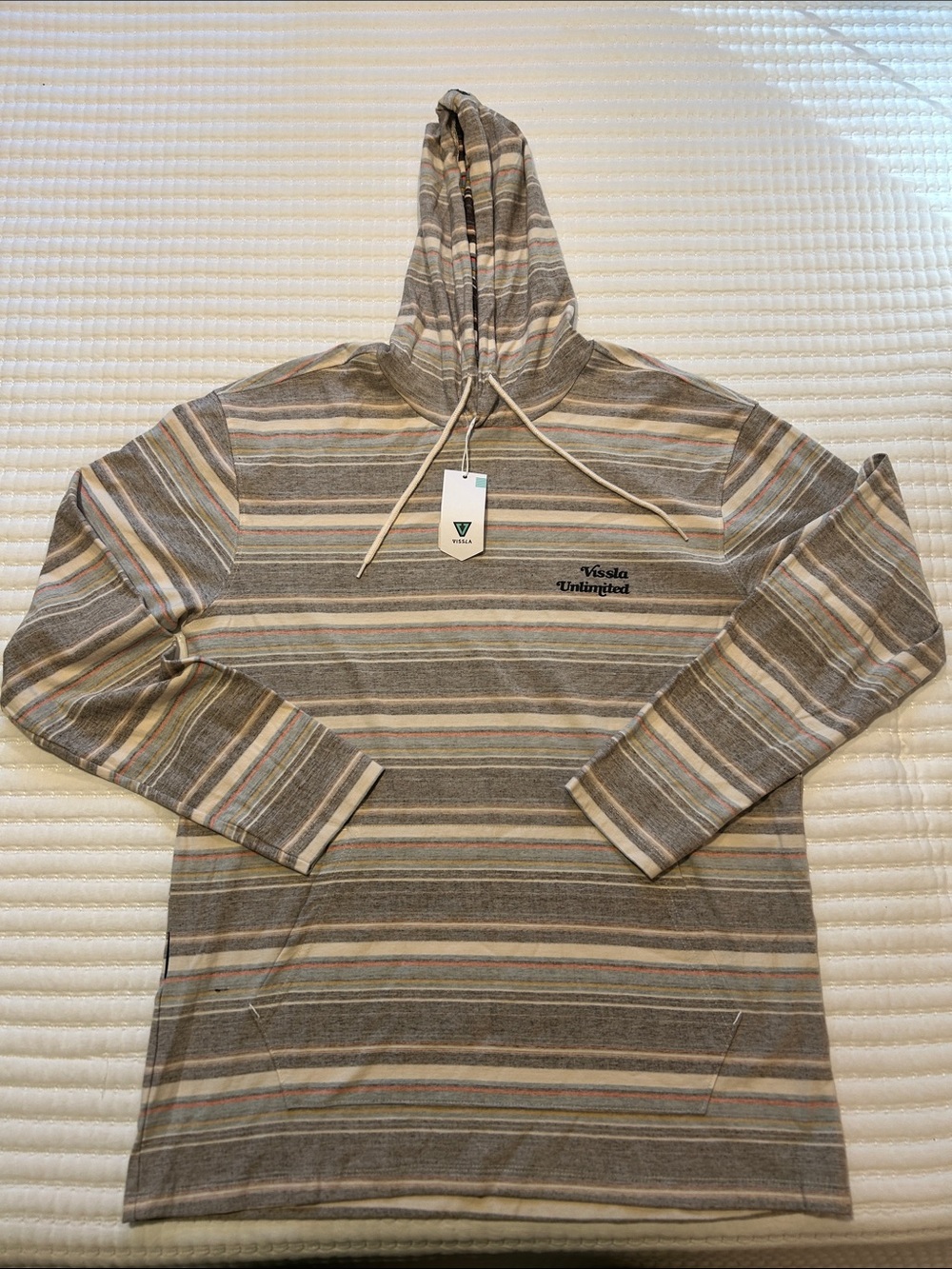VISSLA Striped Hooded Pullover in Gray with Pastel Accents XL